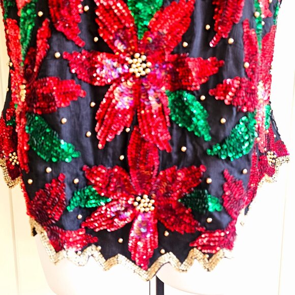 Vtg SCALA Silk Sequin Beaded Christmas Poinsettia Short Sleeve Top EXCELLENT - Picture 5 of 16